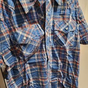 Men True Religion Blue and Red Plaid Button-Up Shirt Sz L